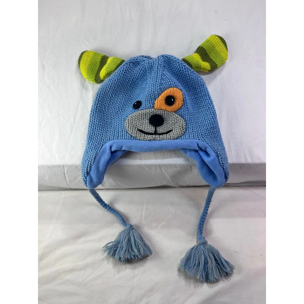 Kyber Outerwear Kids Blue Wool Blend Puppy Dog Knit Trapper Hat Fleece Lined